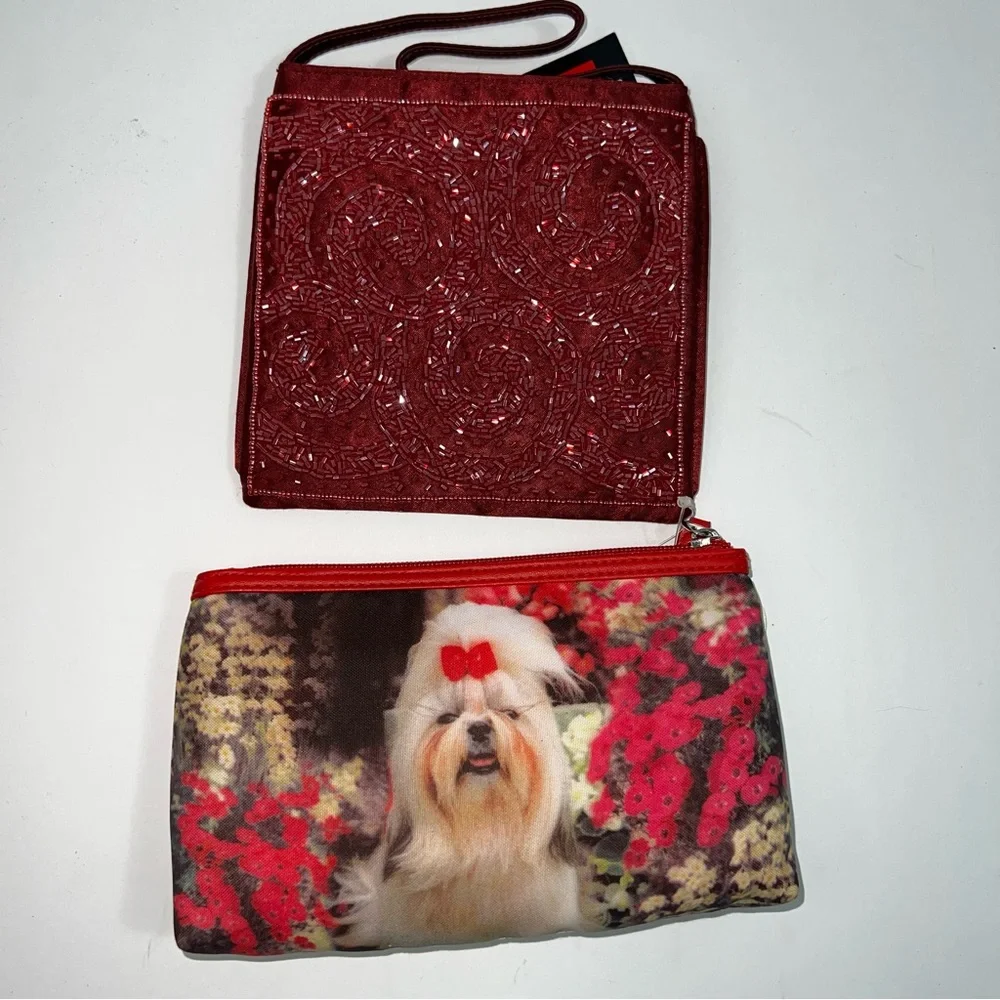 Beaded Burgundy Square Wristlet & Dog Print Coin Pouch Cosmetic bag- lot